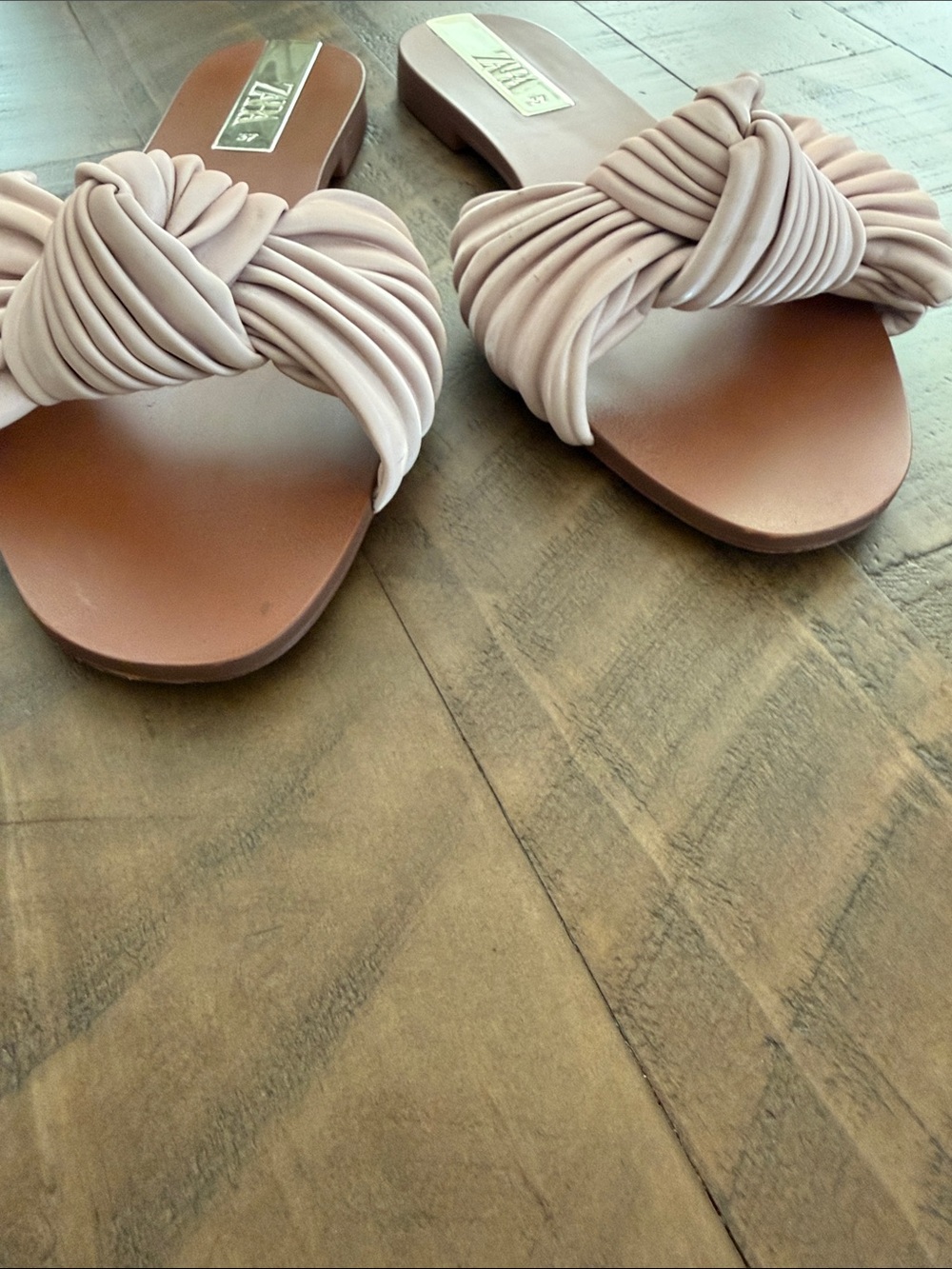 Zara Blush Knotted Slide Sandals - Pink Upper with Brown Footbed - Picture 2 of 5